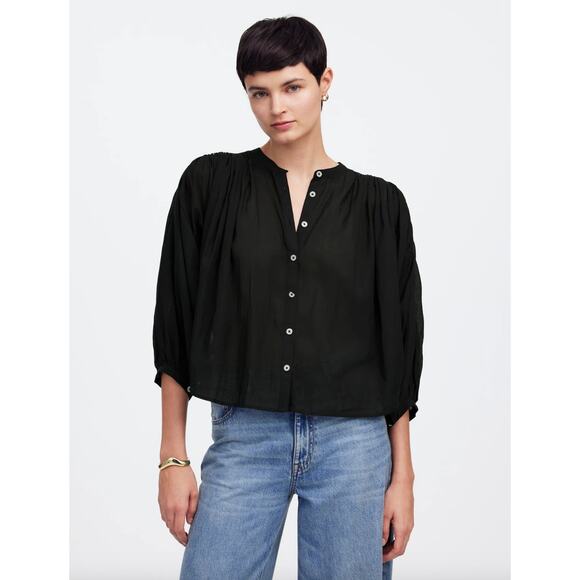 Madewell Balloon Sleeve Top Blouse Black Lightweight Cotton Blend Boho XXL NWT - Picture 1 of 13